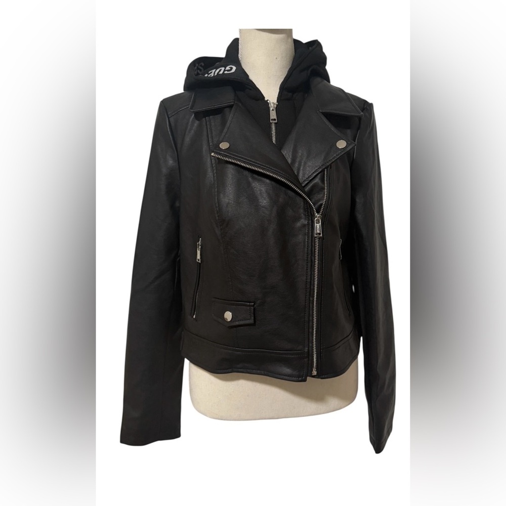 Guess Black Faux Leather Moto Jacket w/ Fleece Hoodie Small, Super Cute!